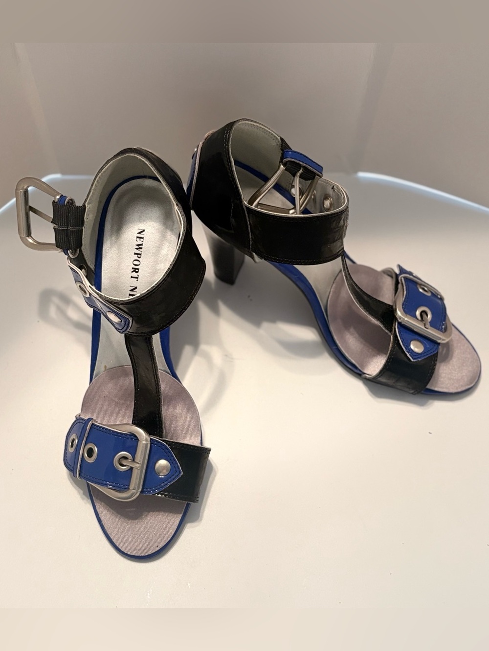 Newport News Black and Blue Buckle Strap Heels